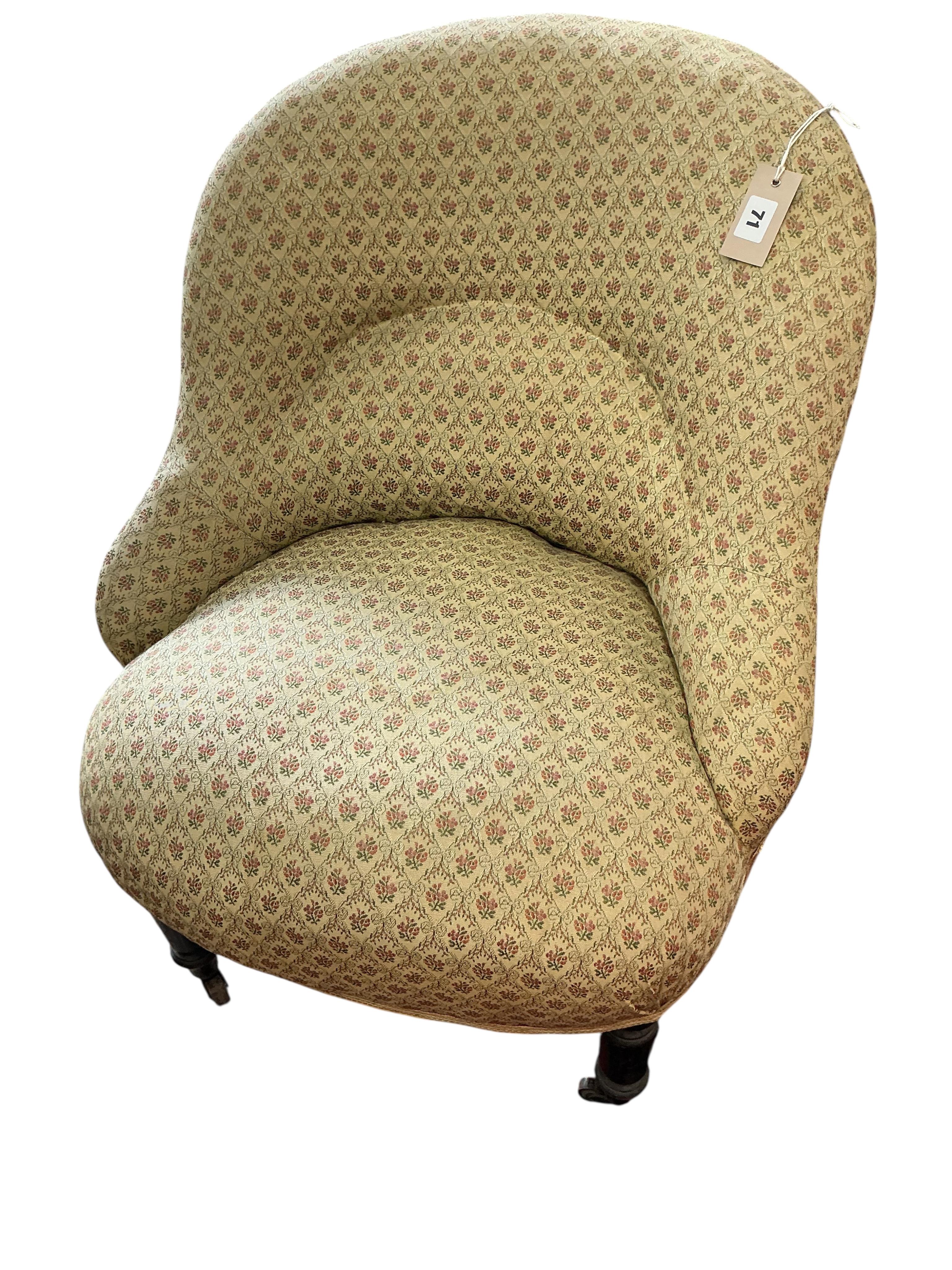 A pair of 19th century French upholstered spoon back chairs, width 60cm, depth 56cm, height 74cm